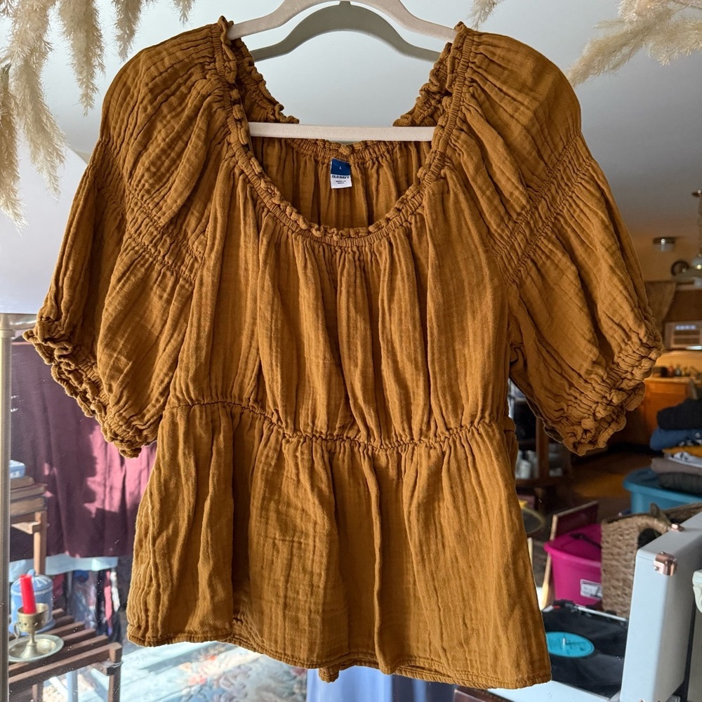 Old Navy Women's Cottage Core Peasant Mustard Yellow Blouse 100% Cotton - Picture 1 of 6
